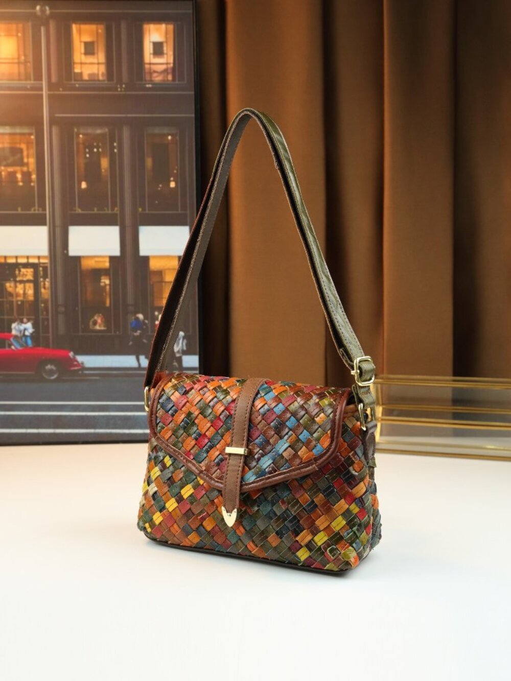 New HandβWoven TopβGrain Leather ColorβBlock Versatile Womenβs Square Bag